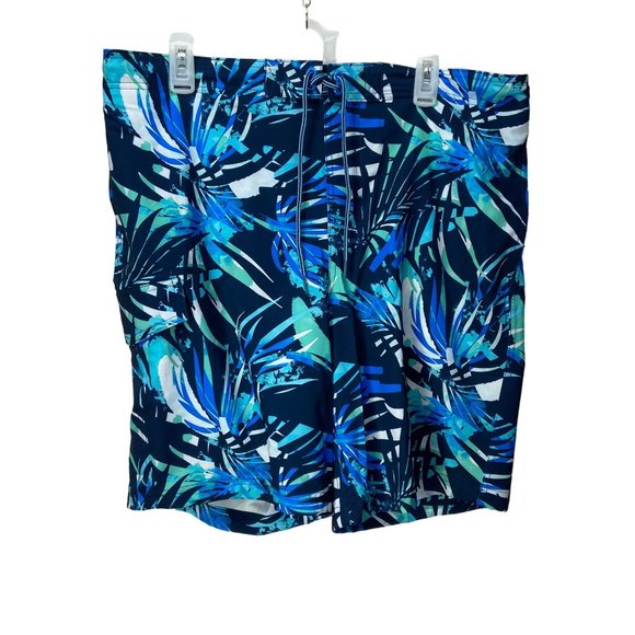 George Mens Swim Quick Dry SPF 50 At The Knees Trunks Blue Palm Leaves New Pocke - Picture 1 of 6